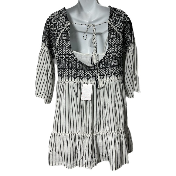 Free People Black White Striped Lola Embroidered Mini Dress XS Boho Oversized - Picture 6 of 12